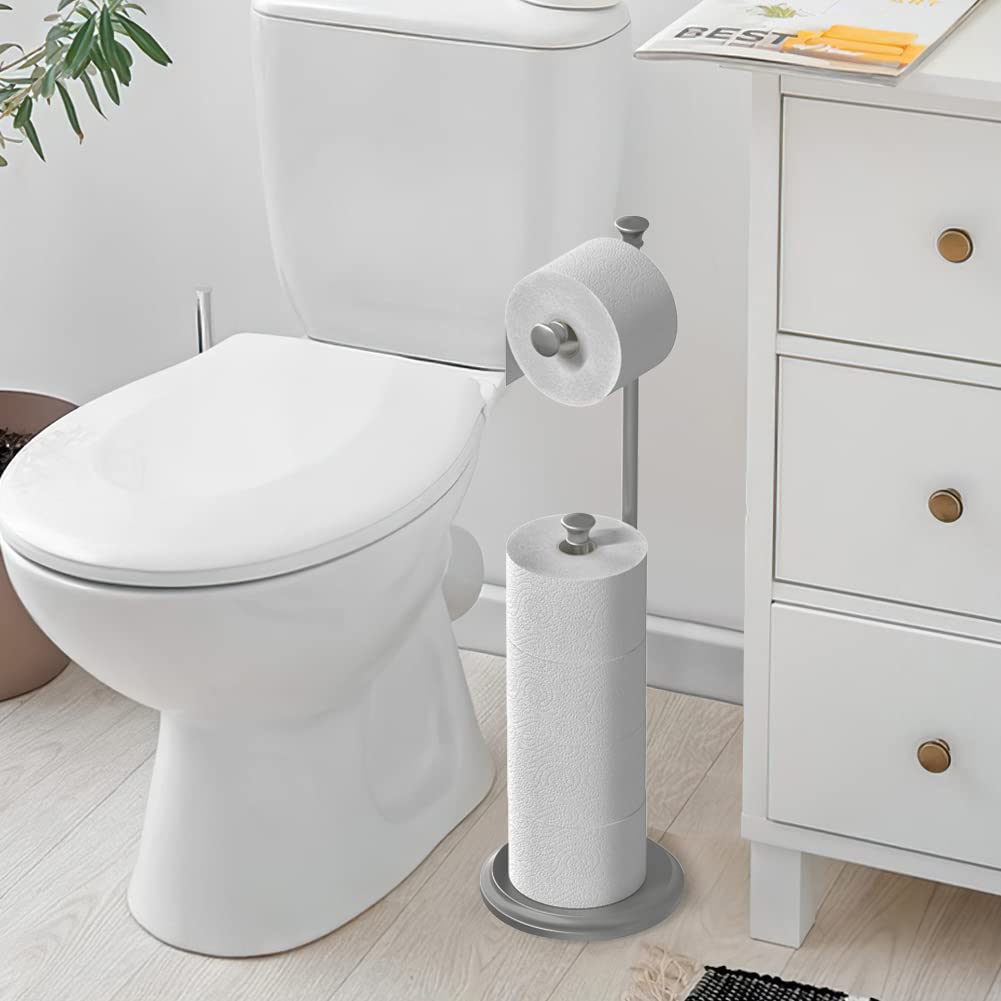 Free Standing Toilet Paper Holder Stand Brushed Nickel Toilet Roll Stand Bathroom Tissue Rack with Storage Reserves 5 Mega Rolls