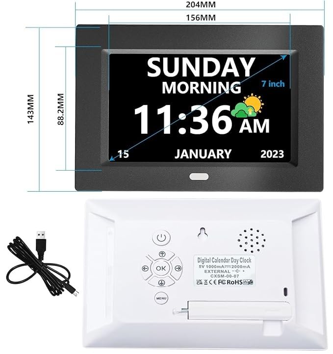 LXBYJKJ 7 Inch Digital Clock with Day and Date for Elderly Alzheimer's Dementia Clock Customizable Alarms and Medicine Reminders 3 Display Modes Large Font Digital Alarm Clock for Seniors Black