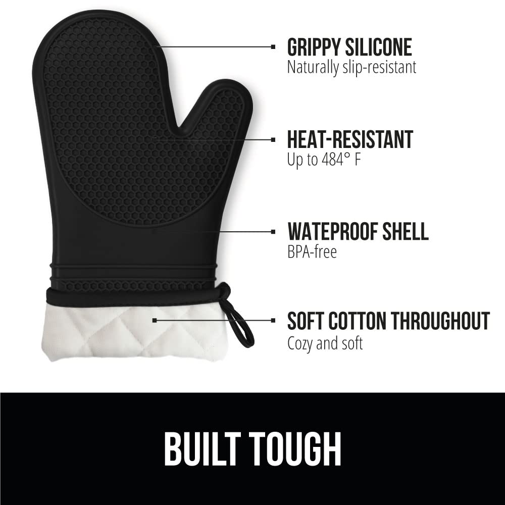 GORILLA GRIP Heat Resistant Durable Soft Silicone Oven Mitts, BPA-Free Long Potholders for Kitchen, Comfortable Cotton Lining, Flexible Waterproof Cooking Mitt Set, Home Essentials, 12.5x8.3, Black