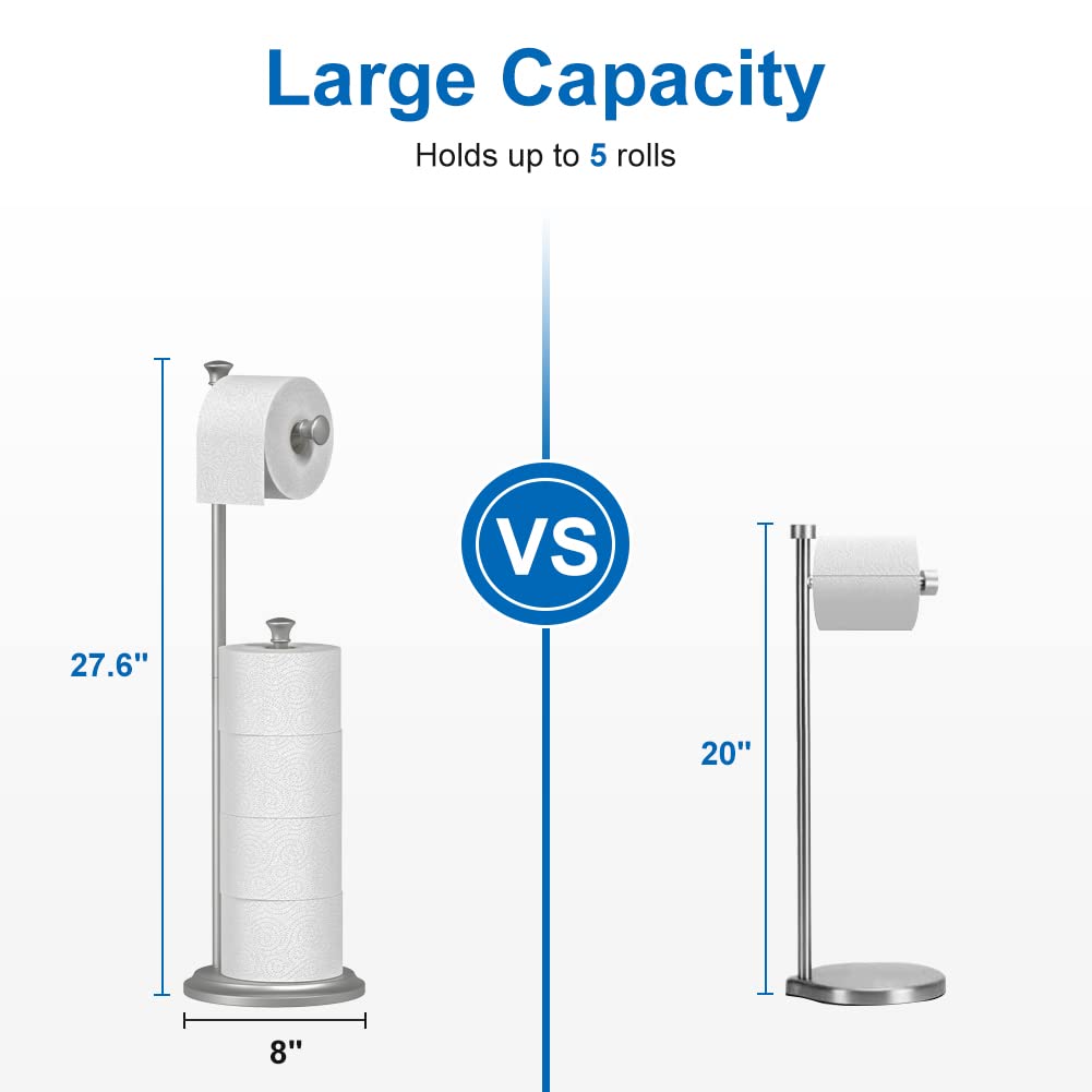 Free Standing Toilet Paper Holder Stand Brushed Nickel Toilet Roll Stand Bathroom Tissue Rack with Storage Reserves 5 Mega Rolls