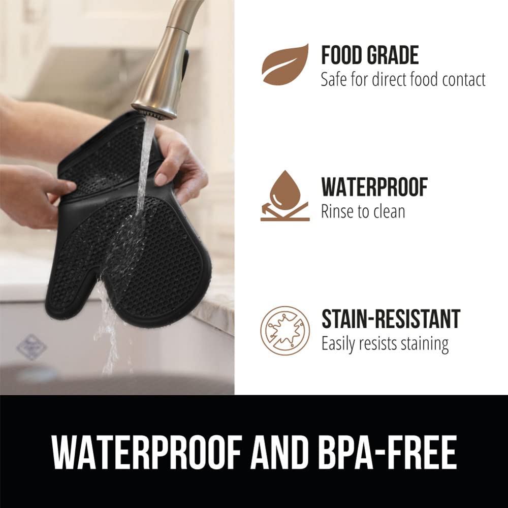 GORILLA GRIP Heat Resistant Durable Soft Silicone Oven Mitts, BPA-Free Long Potholders for Kitchen, Comfortable Cotton Lining, Flexible Waterproof Cooking Mitt Set, Home Essentials, 12.5x8.3, Black