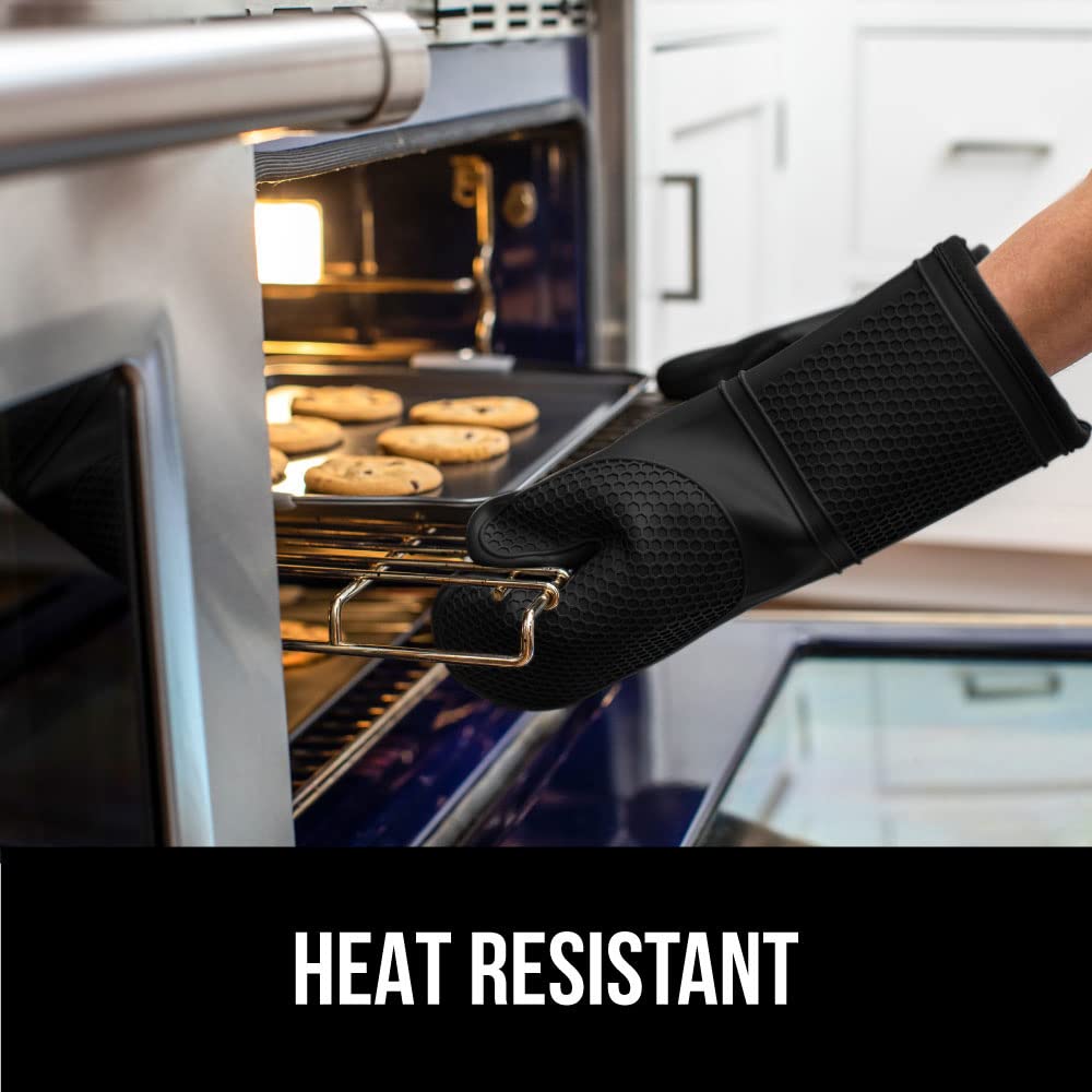 GORILLA GRIP Heat Resistant Durable Soft Silicone Oven Mitts, BPA-Free Long Potholders for Kitchen, Comfortable Cotton Lining, Flexible Waterproof Cooking Mitt Set, Home Essentials, 12.5x8.3, Black