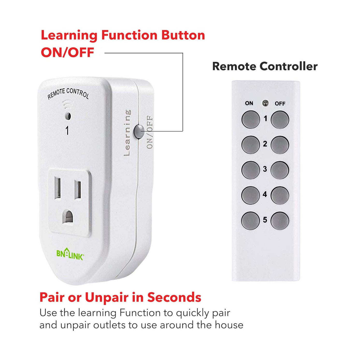 BN-LINK Wireless Remote Control Electrical Outlet Switch for Lights, Fans, Christmas Lights, Small Appliance, Long Range White (Learning Code, 5Rx-2Tx) 1200W/10A
