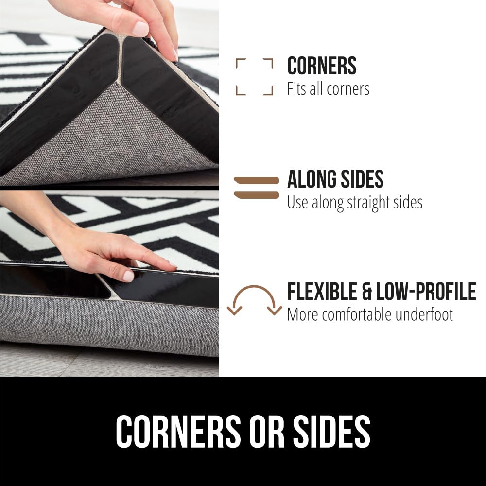 GORILLA GRIP 8 Pack Rug Gripper Pads, Keep Area Rugs Corners from Curling and Bunching, Reusable Dual-Sided Flexible Sticky Pad, Grips Floor Underlayment, Hold Carpet in Place on Hardwood Floors