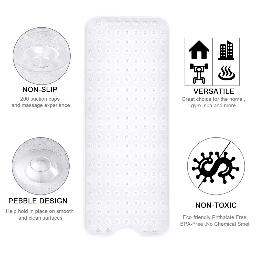 YINENN Bath and Shower Safety Mats 40x16 inch, Non Slip with Suction Cups for Bathroom Stall and Tub Floor, Extra Large and Machine Washable, Drain Holes Keep Bathtub Clean, Clear