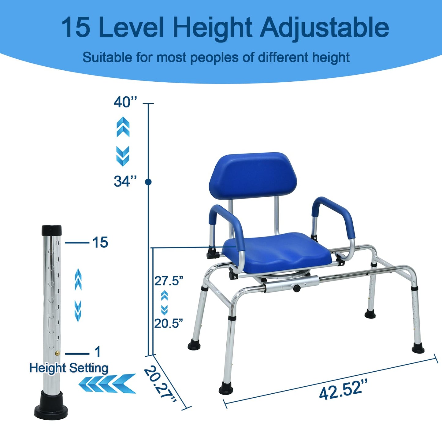 Loyoda Sliding Shower Chair Tub Transfer Bench with Swivel Seat, Premium Padded Seat and Backrest, Pivoting Arms, Height Adjustable for Tubs, Inside Shower, for Handicap & Seniors,350 Lbs