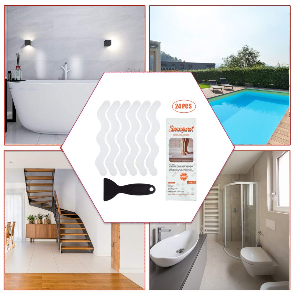 Secopad USA Patented Anti Slip Shower Stickers 24 PCS Safety Bathtub Strips Adhesive Decals with Premium Scraper for Bath Tub Shower Stairs