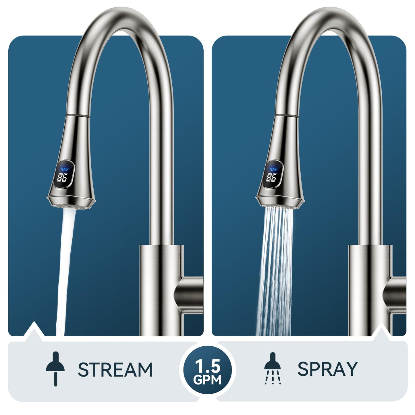 FORIOUS LED Kitchen Faucet with Pull Down Sprayer, Brushed Nickel, Single Handle Modern Stainless Steel Sink Faucet with Temperature Digital Display, Suitable for Farmhouse Camper Rv Bar