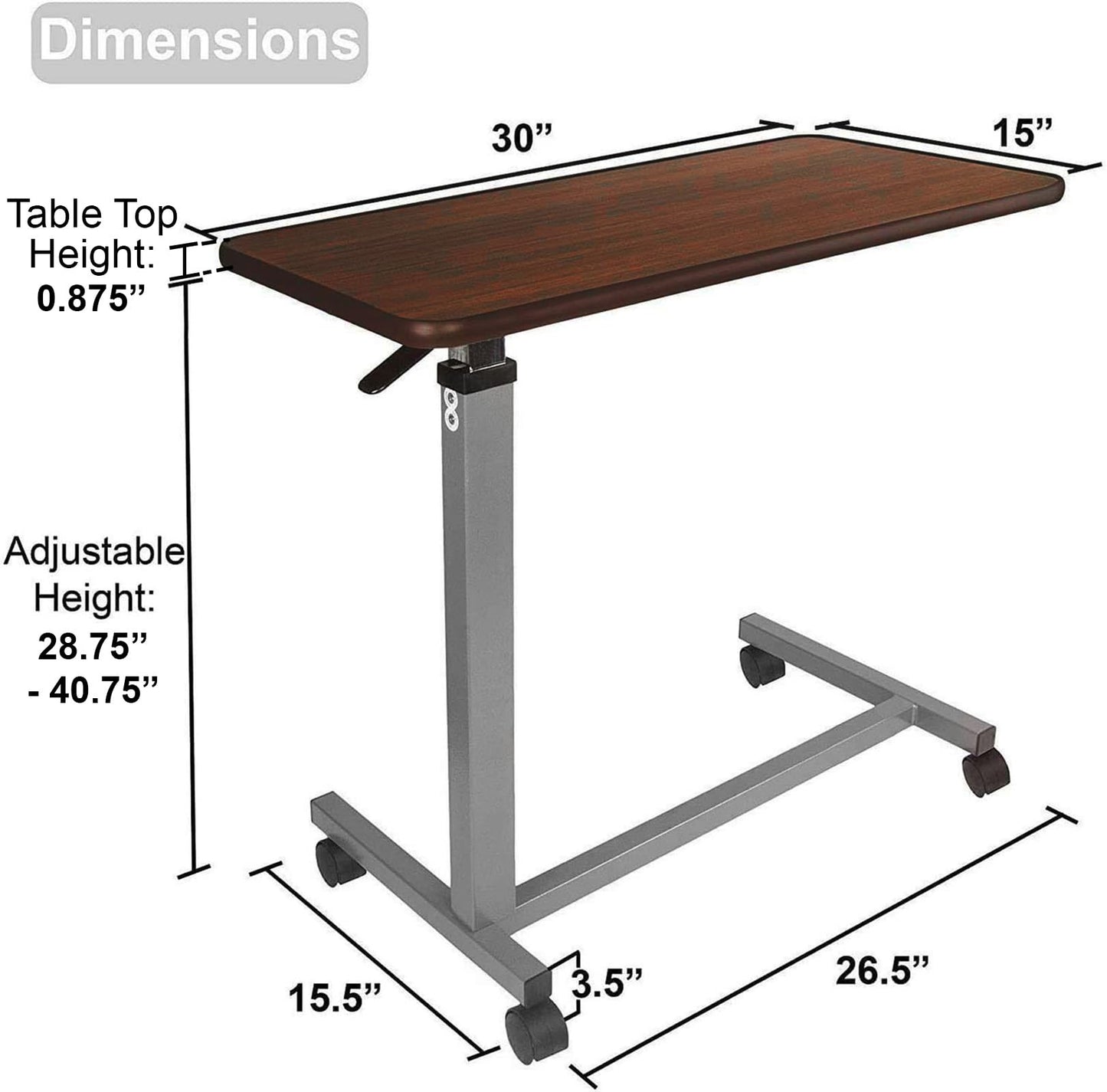 FSA/HSA Eligible, Vaunn Adjustable Overbed Bedside Table With Wheels (Hospital and Home Use)