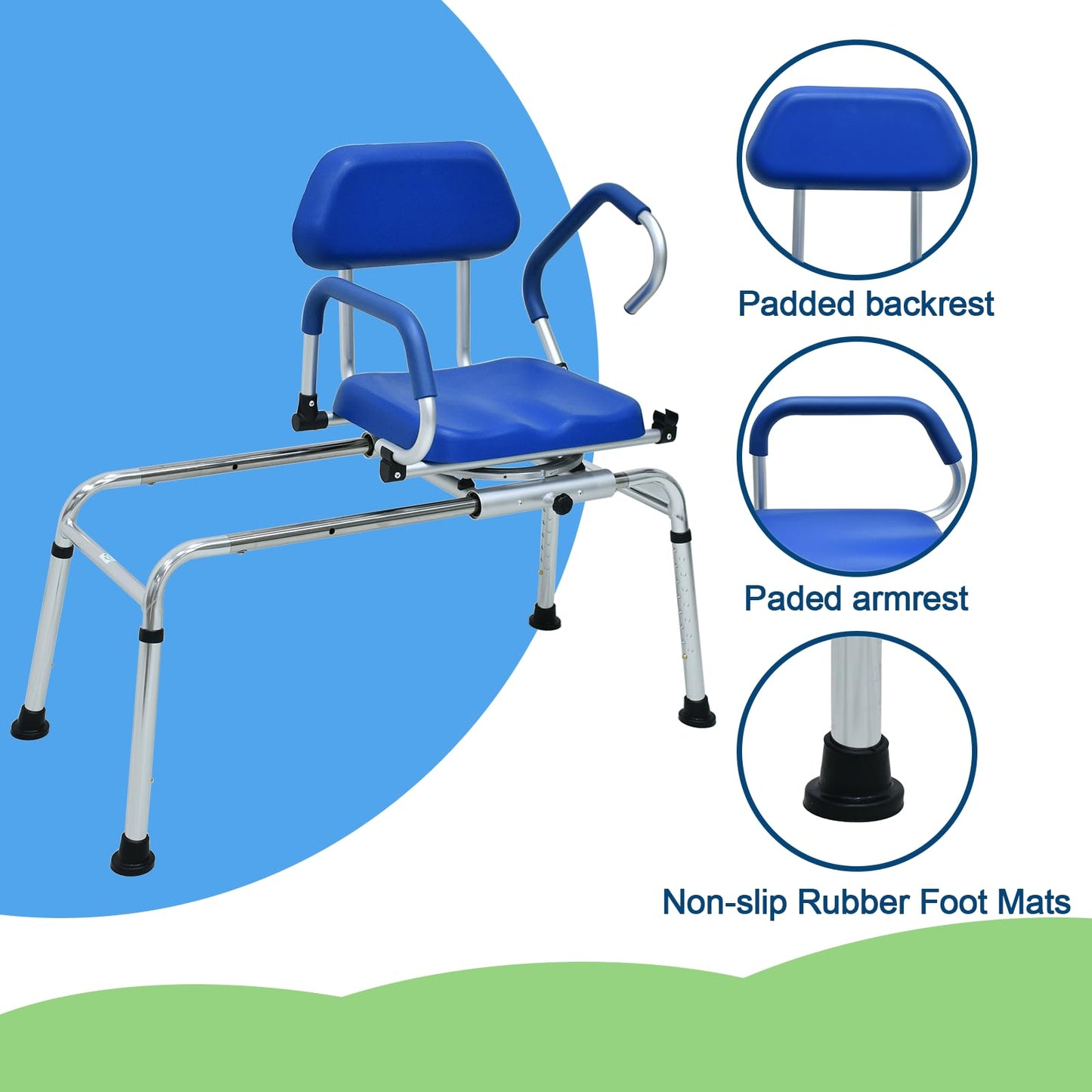 Loyoda Sliding Shower Chair Tub Transfer Bench with Swivel Seat, Premium Padded Seat and Backrest, Pivoting Arms, Height Adjustable for Tubs, Inside Shower, for Handicap & Seniors,350 Lbs