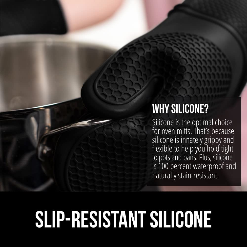 GORILLA GRIP Heat Resistant Durable Soft Silicone Oven Mitts, BPA-Free Long Potholders for Kitchen, Comfortable Cotton Lining, Flexible Waterproof Cooking Mitt Set, Home Essentials, 12.5x8.3, Black