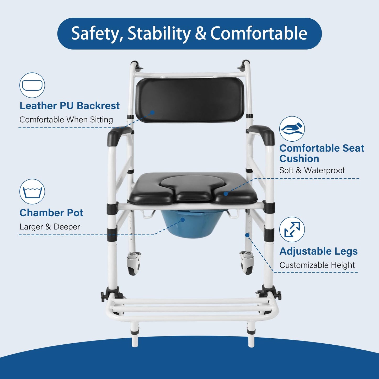 Rolling Shower Chair with Handles Arms, Bedside Commode Chair with Wheels