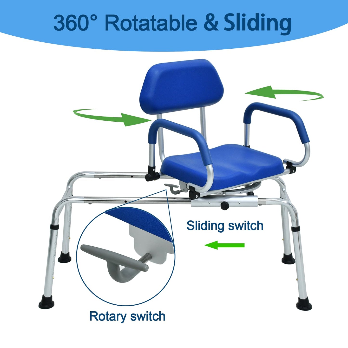 Loyoda Sliding Shower Chair Tub Transfer Bench with Swivel Seat, Premium Padded Seat and Backrest, Pivoting Arms, Height Adjustable for Tubs, Inside Shower, for Handicap & Seniors,350 Lbs