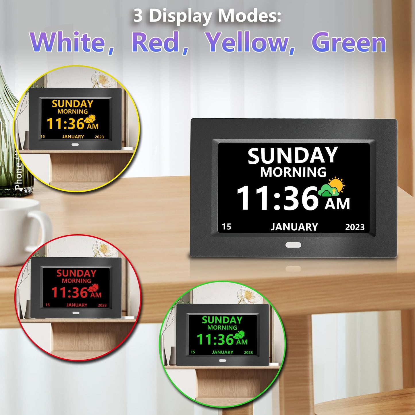 LXBYJKJ 7 Inch Digital Clock with Day and Date for Elderly Alzheimer's Dementia Clock Customizable Alarms and Medicine Reminders 3 Display Modes Large Font Digital Alarm Clock for Seniors Black