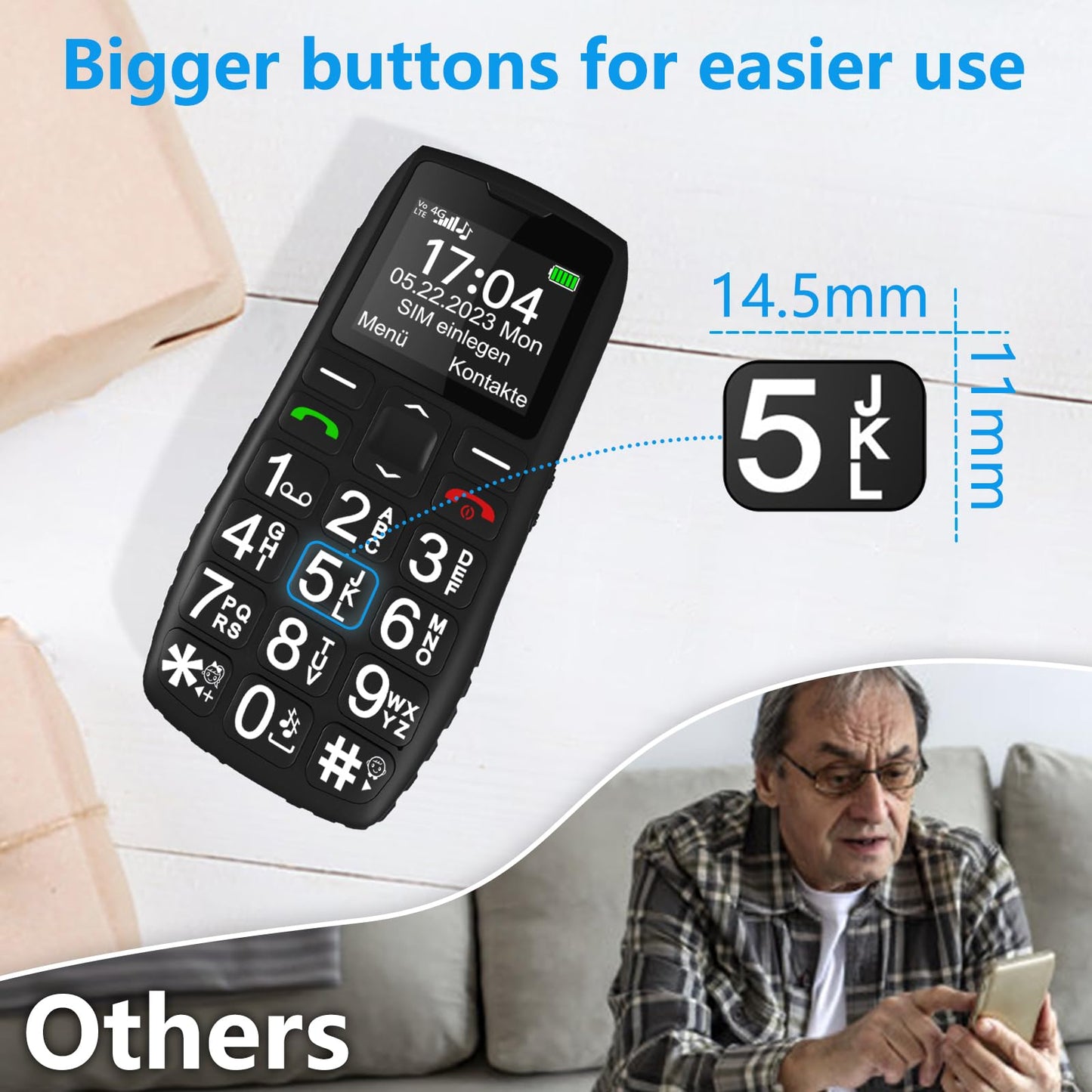 artfone C1+4G Big Button Cell Phone for Seniors丨Unlocked Phones with SOS Button丨1800mAh Battery丨Charging Dock丨Easy-to-Use Dumb Phone with Loud Volume丨Time Reporting丨Speed Dial丨USB-C, Nano SIM - Black