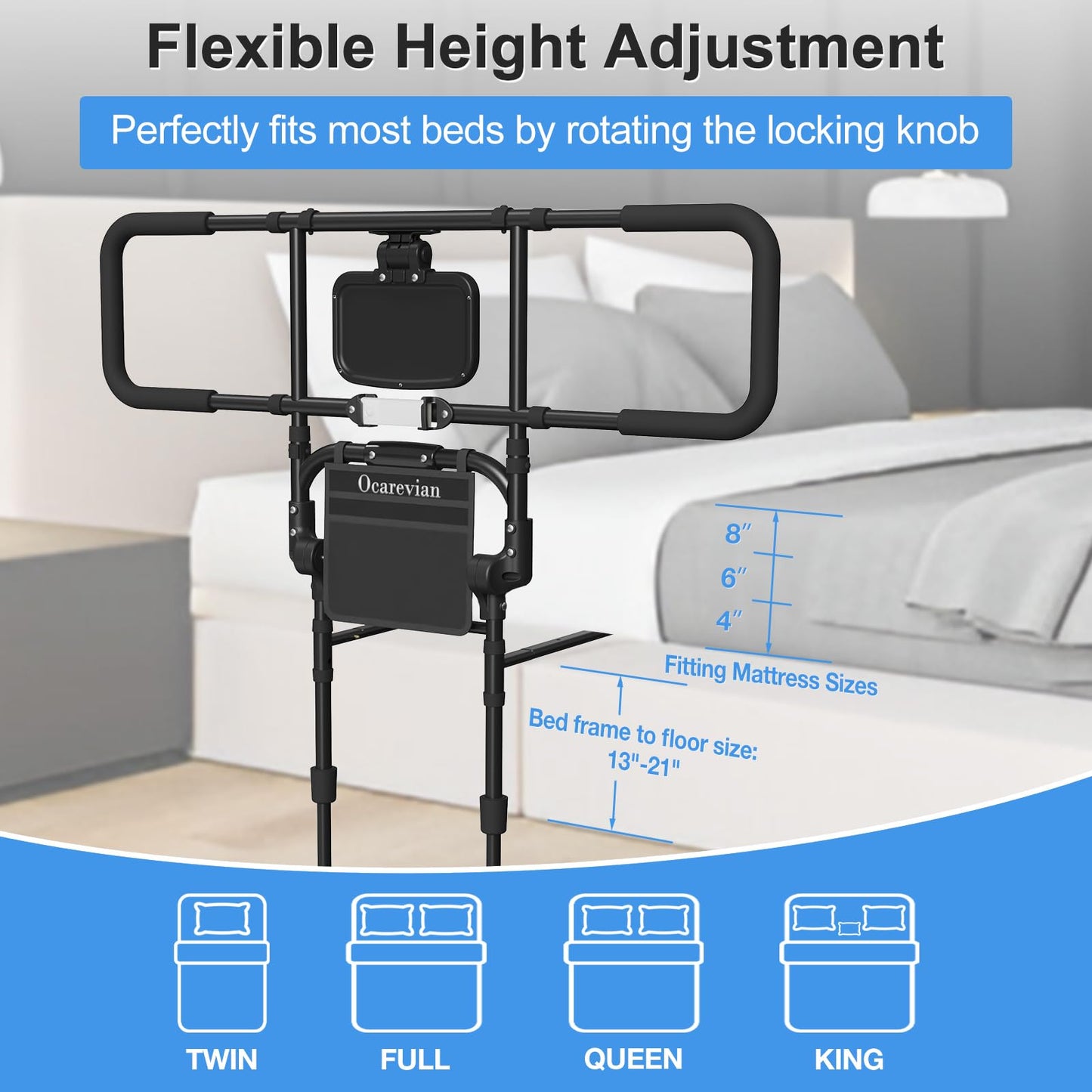 Bed Rails for Elderly Adults Safety, Foldable Bed Rail with Storage Pocket, Light, Secure Strap, Black Bed Guard Rails for Adults, Suitable for Twin Full Queen King, Height & Width Adjustable
