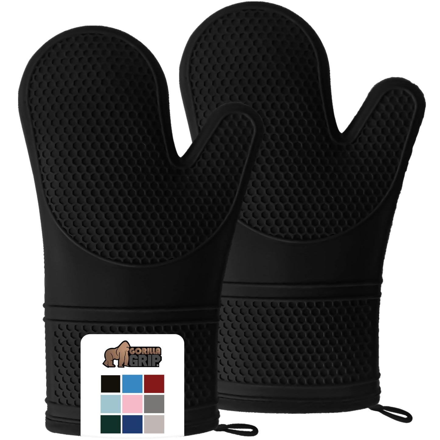 GORILLA GRIP Heat Resistant Durable Soft Silicone Oven Mitts, BPA-Free Long Potholders for Kitchen, Comfortable Cotton Lining, Flexible Waterproof Cooking Mitt Set, Home Essentials, 12.5x8.3, Black