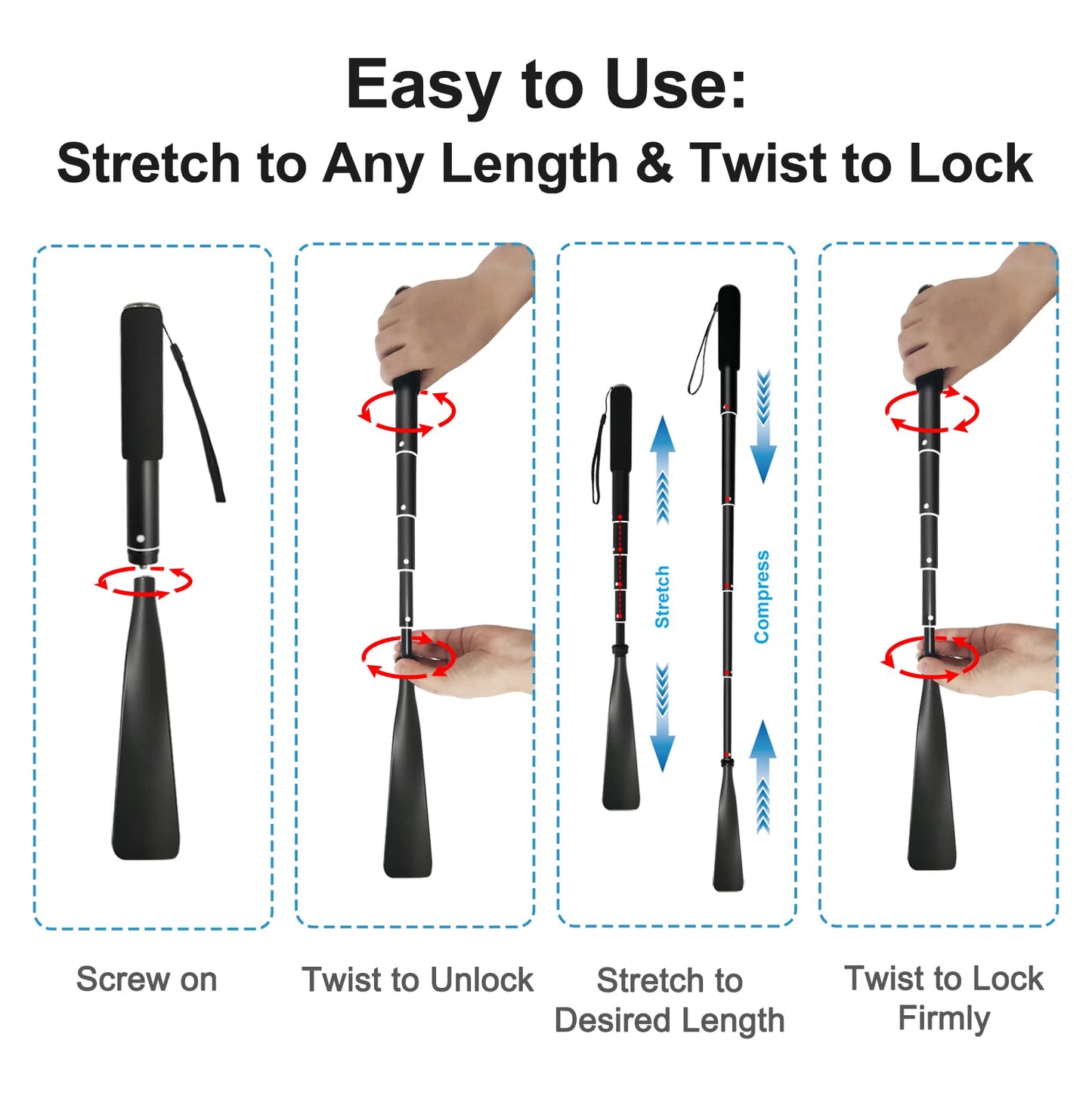 TriPro Shoe Horn Long Handle -15"-37" Telescopic Metal Shoe Horn Adjustable Length, Aluminum Alloy, Portable Long Handled Shoe Horn, Shoe Horn Long Handle For Seniors Men Women Kids