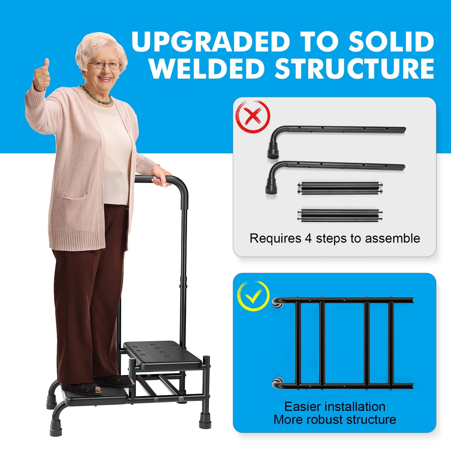 FORTEMOTUS Step Stool with Handle - Heavy Duty 2 Step Stool for Adults Elderly, Holds up to 450 lbs, Black