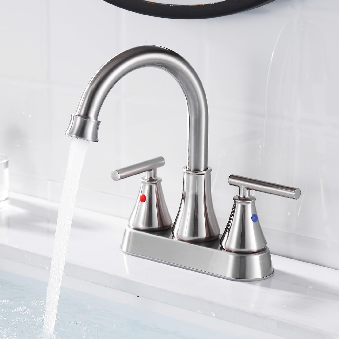 Bathroom Sink Faucet 4 Inch 2 Handle Centerset Brushed Nickel Lead-Free Modern Bathroom Faucet Vanity Faucet with Pop-up Drain Stopper and Supply Hoses