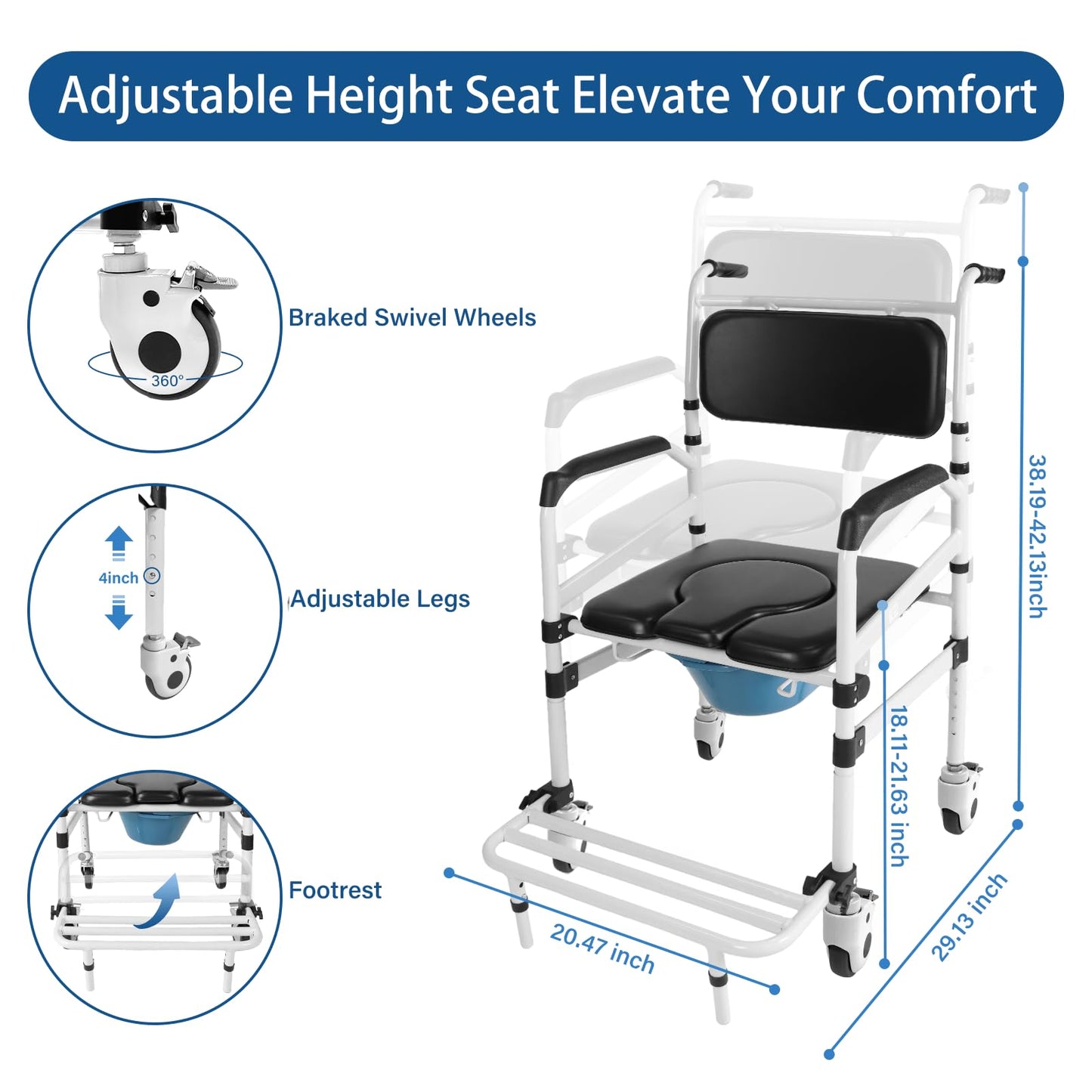 Rolling Shower Chair with Handles Arms, Bedside Commode Chair with Wheels