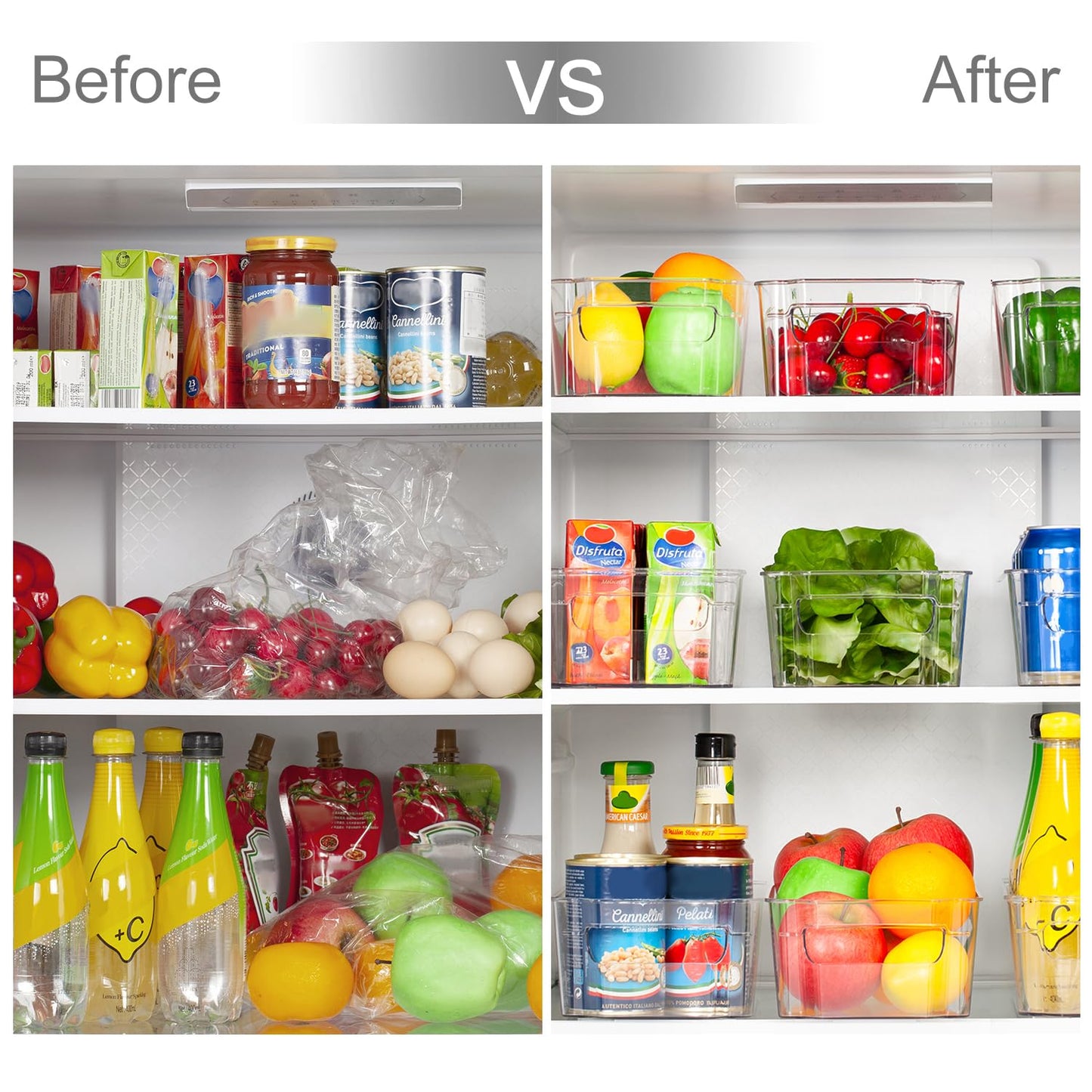 HOOJO Refrigerator Organizers and Storage - 8pcs Clear Plastic Bins For Fridge, Freezer, Kitchen Cabinet, Pantry Organization, BPA Free Fridge Organizer, 12.5" Long, Clear