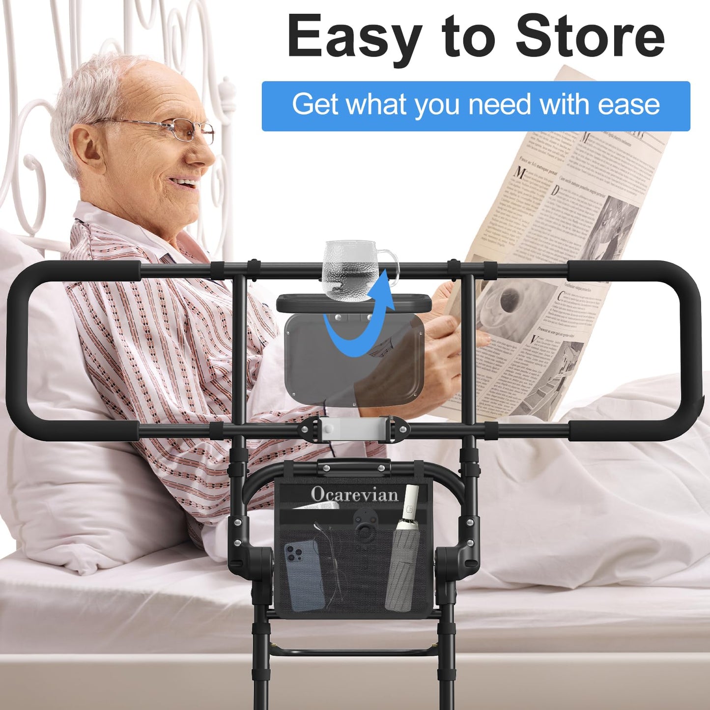 Bed Rails for Elderly Adults Safety, Foldable Bed Rail with Storage Pocket, Light, Secure Strap, Black Bed Guard Rails for Adults, Suitable for Twin Full Queen King, Height & Width Adjustable