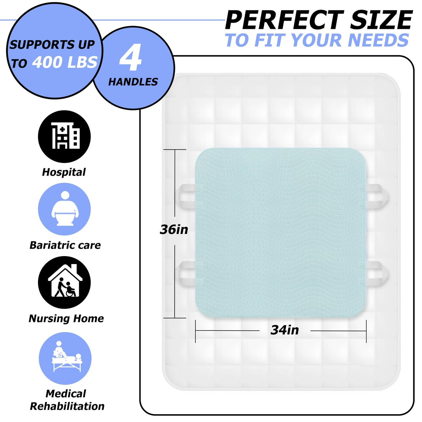 Bed Pads with Handles for Positioning and Incontinence (34×36 Inch - 2 Pack)