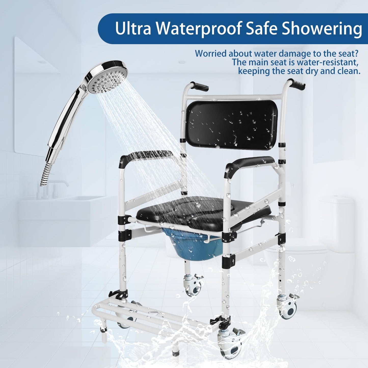 Rolling Shower Chair with Handles Arms, Bedside Commode Chair with Wheels