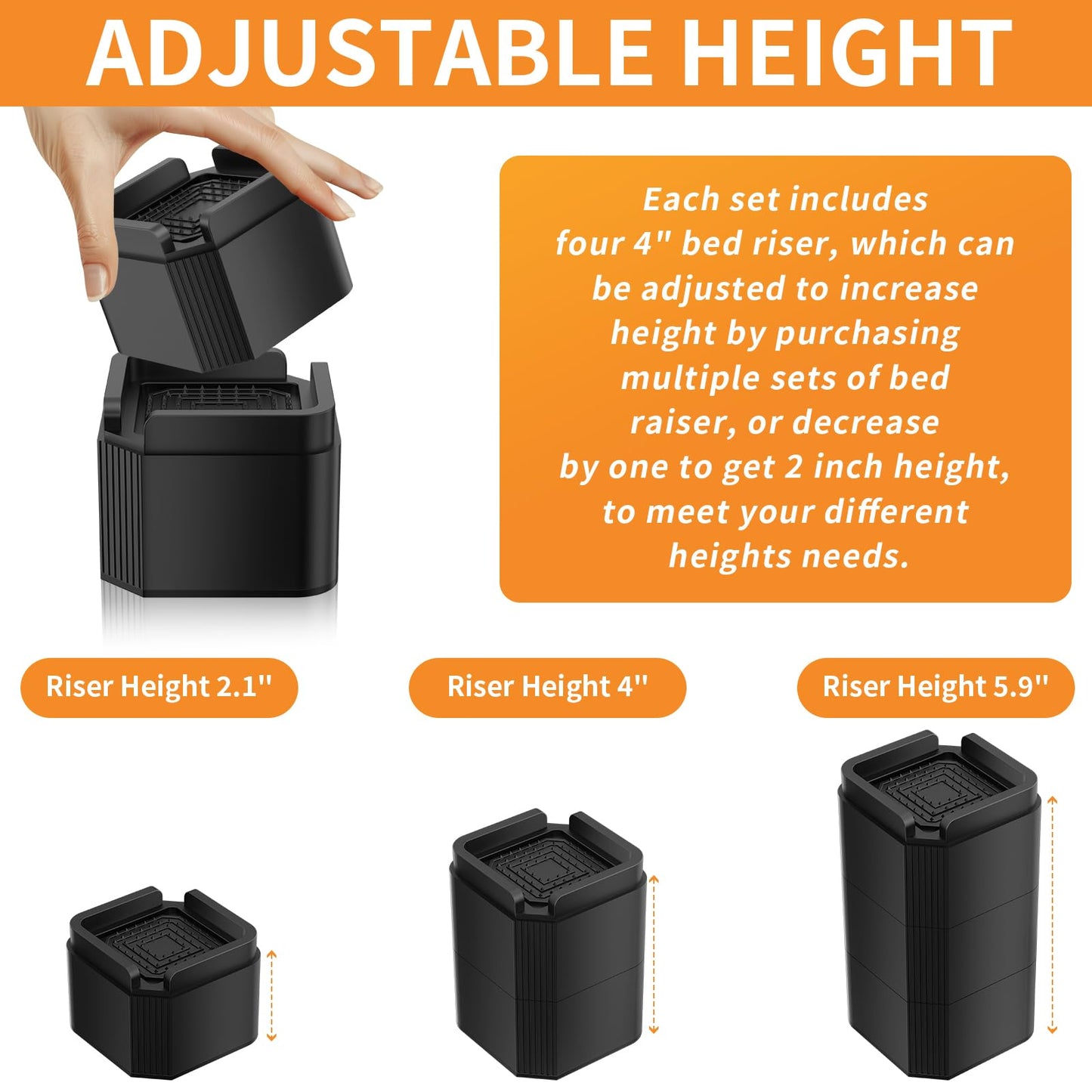 MAYZOLOP Bed Risers 4 inch, Adjustable Furniture Risers, 4 Pack Heavy Duty Couch Lift Risers, Bed Lifts risers, Couch risers, Support Up to 2000 Lbs, Bed Lifts for Sofa, Bed, Cabinet and Desk Legs