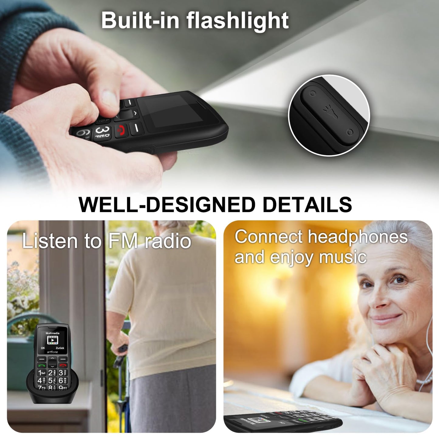 artfone C1+4G Big Button Cell Phone for Seniors丨Unlocked Phones with SOS Button丨1800mAh Battery丨Charging Dock丨Easy-to-Use Dumb Phone with Loud Volume丨Time Reporting丨Speed Dial丨USB-C, Nano SIM - Black
