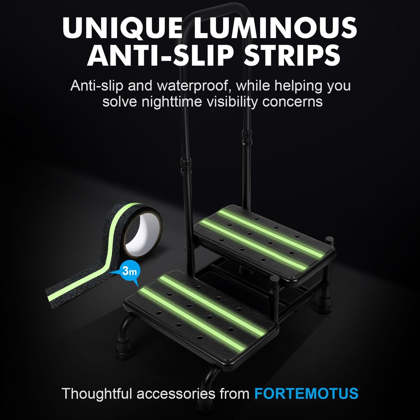 FORTEMOTUS Step Stool with Handle - Heavy Duty 2 Step Stool for Adults Elderly, Holds up to 450 lbs, Black