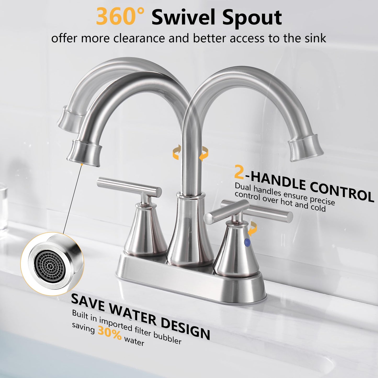 Bathroom Sink Faucet 4 Inch 2 Handle Centerset Brushed Nickel Lead-Free Modern Bathroom Faucet Vanity Faucet with Pop-up Drain Stopper and Supply Hoses