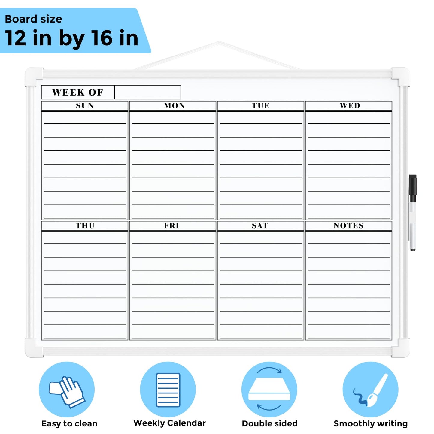 MaxGear Weekly Planner Dry Erase Board, 16"x12" Double-Sided Weekly Calendar Whiteboard for Wall, Small Magnetic Dry Erase Calendar, Portable White Board with Marker for Planning, Writing, Drawing