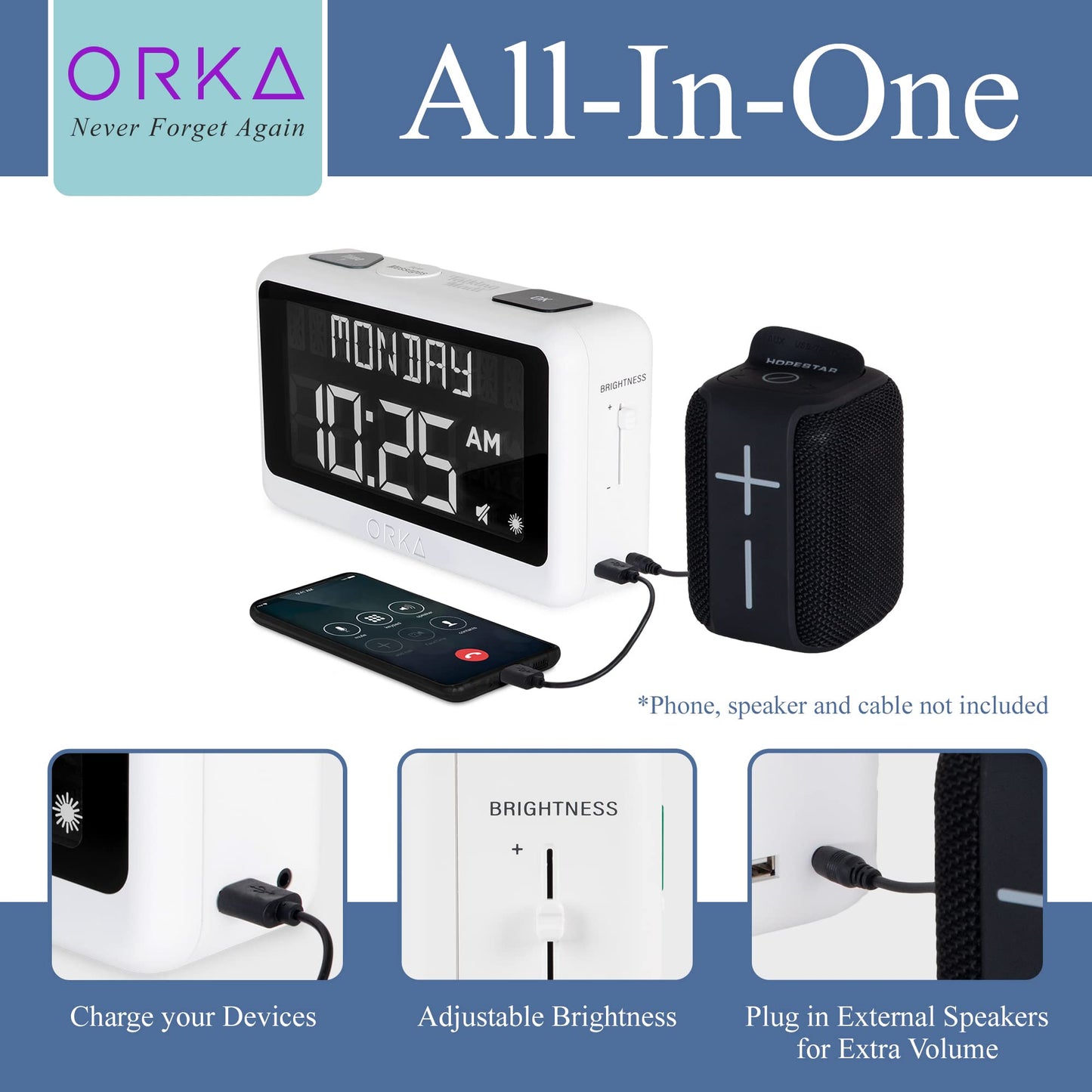 ORKA Talking Clock. Voice Recordable Ex Large Medication Pill Reminder. Talking Alarm Clock for Dementia, Hearing, Visually impaired Seniors-Digital Day Clock with Multiple Customized Alarms White