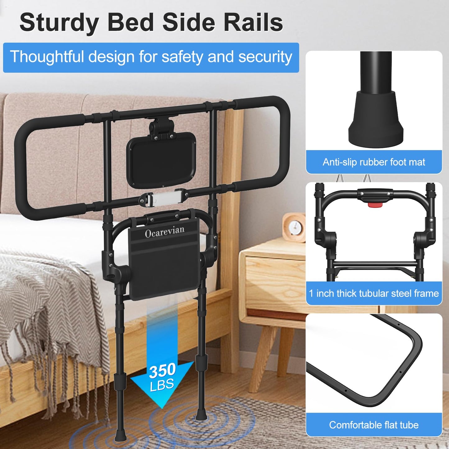 Bed Rails for Elderly Adults Safety, Foldable Bed Rail with Storage Pocket, Light, Secure Strap, Black Bed Guard Rails for Adults, Suitable for Twin Full Queen King, Height & Width Adjustable