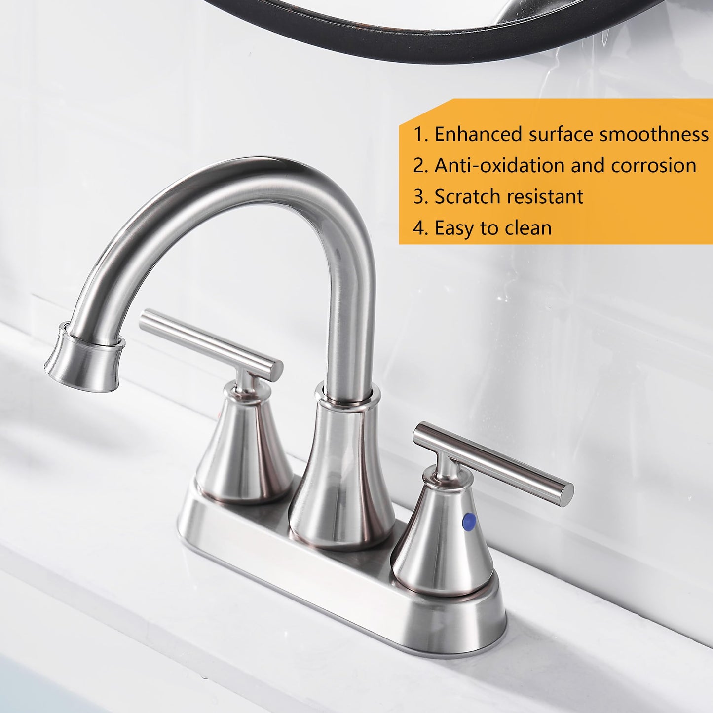 Bathroom Sink Faucet 4 Inch 2 Handle Centerset Brushed Nickel Lead-Free Modern Bathroom Faucet Vanity Faucet with Pop-up Drain Stopper and Supply Hoses