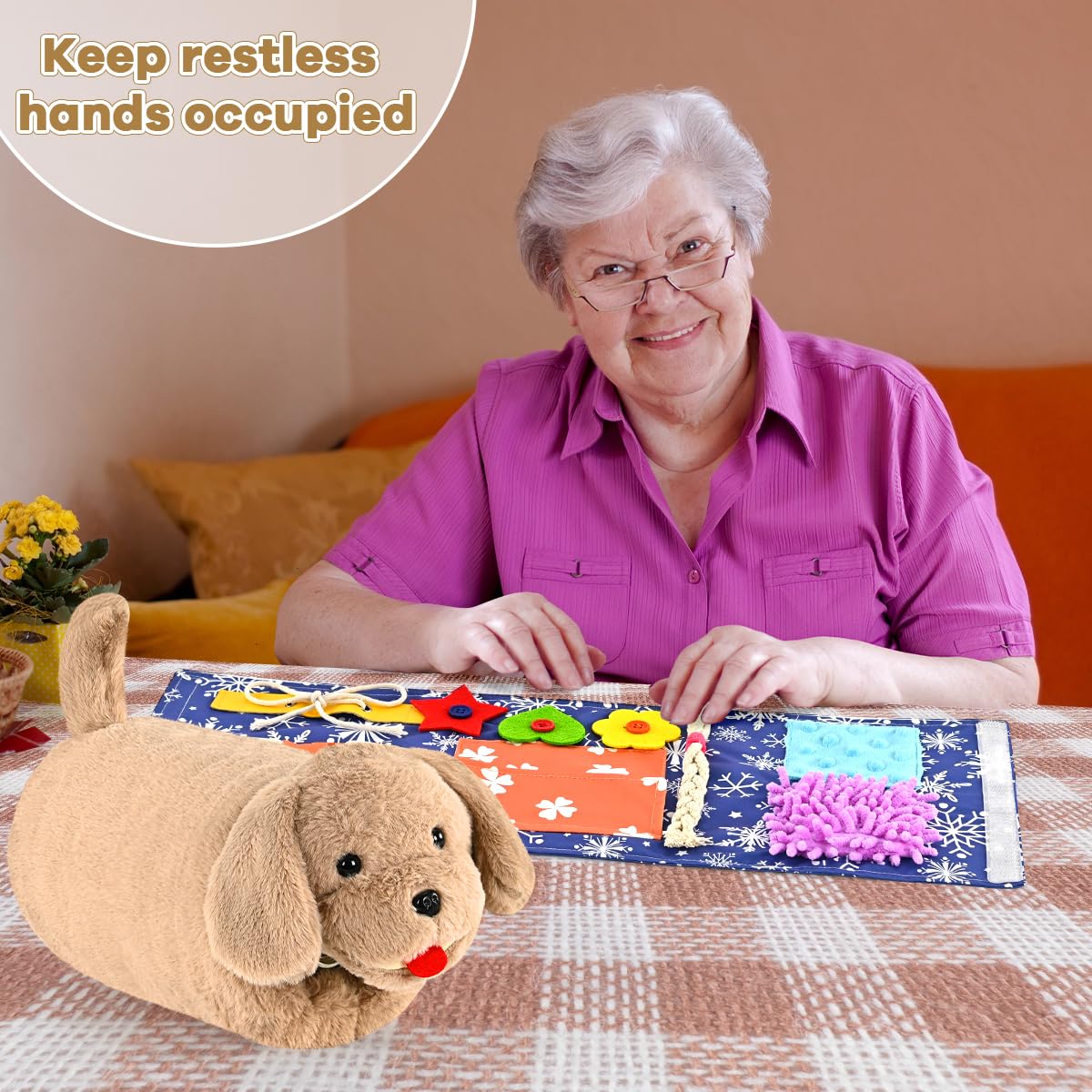 ALACCOM Fidget Blanket and Muff Dog for Adults with Dementia,Alzheimers Dementia Activities Products for Seniors and Elderly,Gift Game and Sensory Fidget Toys for Alzheimer’s or Dementia