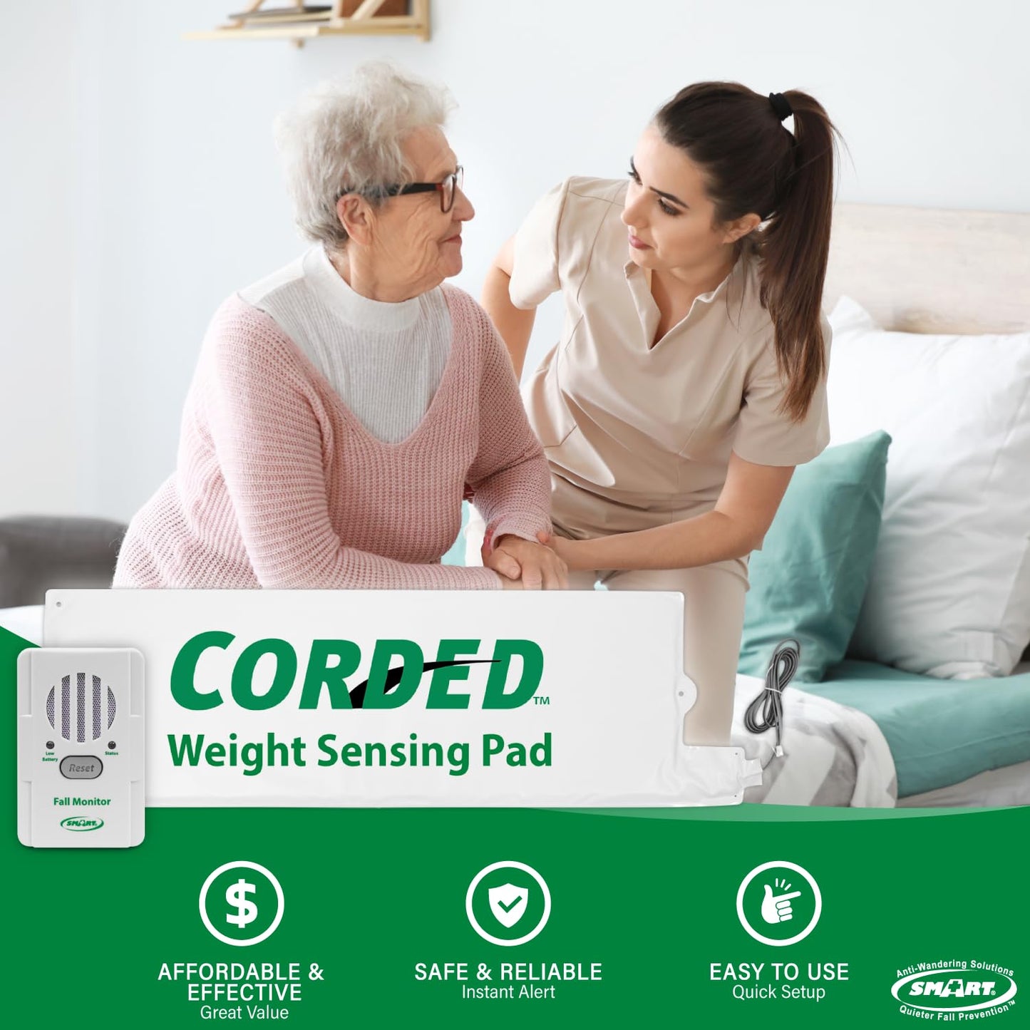 Smart Caregiver FallGuard Bed Exit Alert for Seniors Fall Prevention - Bed Alarm with 10"x30" Weight Sensing Bed Pad for Elderly - Automatically Alerts Caregiver When They Get Up