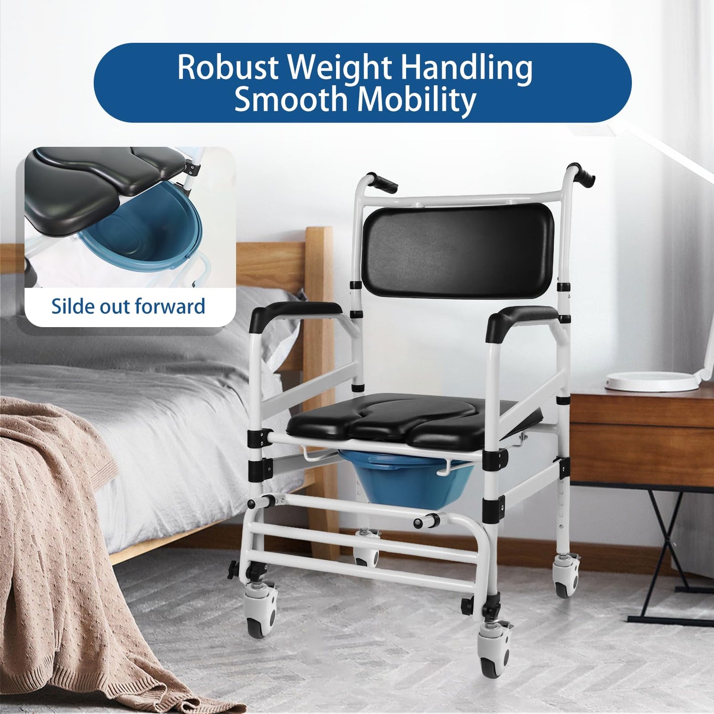 Rolling Shower Chair with Handles Arms, Bedside Commode Chair with Wheels