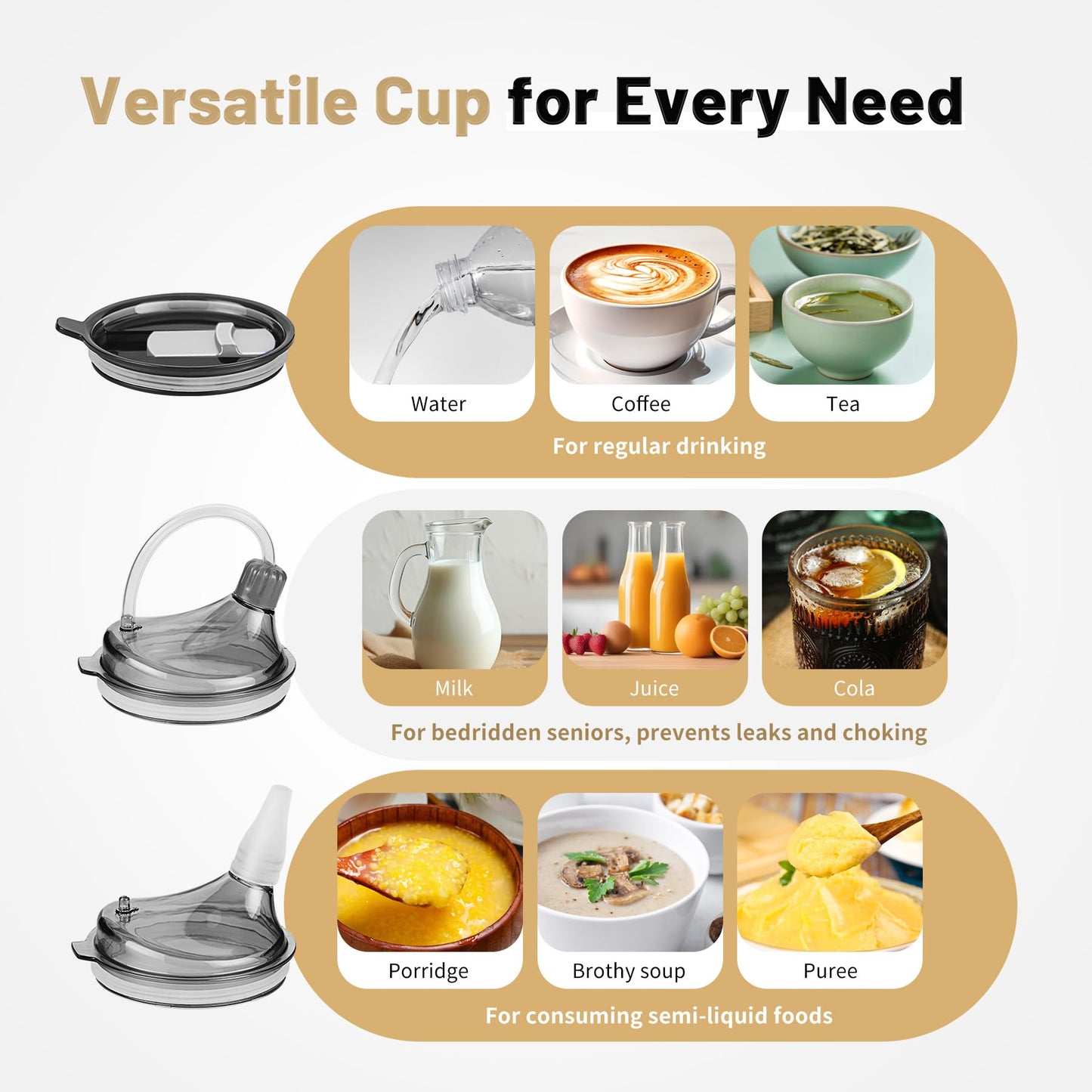 Adult, 14oz Spill Proof Cup, 3 in 1 Stainless Steel No Spill Feeding Cup