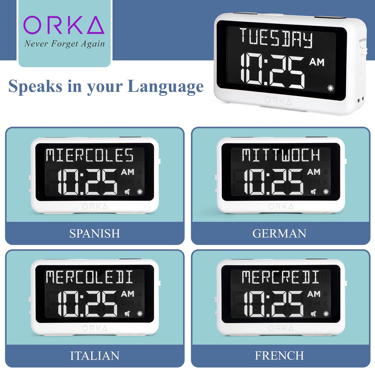 ORKA Talking Clock. Voice Recordable Ex Large Medication Pill Reminder. Talking Alarm Clock for Dementia, Hearing, Visually impaired Seniors-Digital Day Clock with Multiple Customized Alarms White