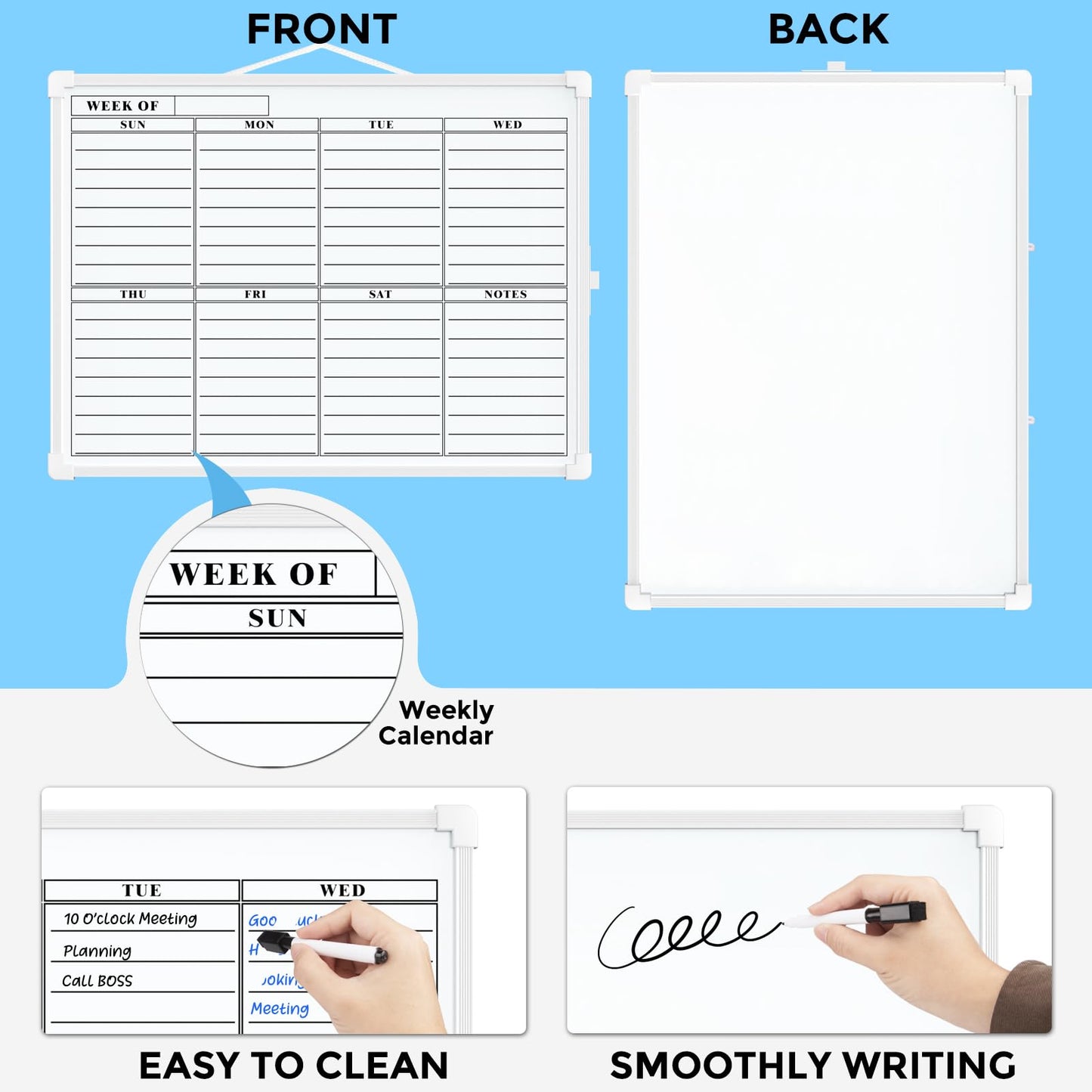 MaxGear Weekly Planner Dry Erase Board, 16"x12" Double-Sided Weekly Calendar Whiteboard for Wall, Small Magnetic Dry Erase Calendar, Portable White Board with Marker for Planning, Writing, Drawing