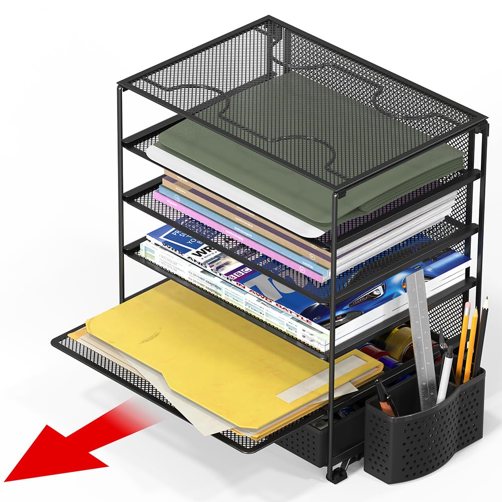 Simple Houseware 5-Tier Document File Tray with Supplies Sliding Drawer and Pen Bucket, Black