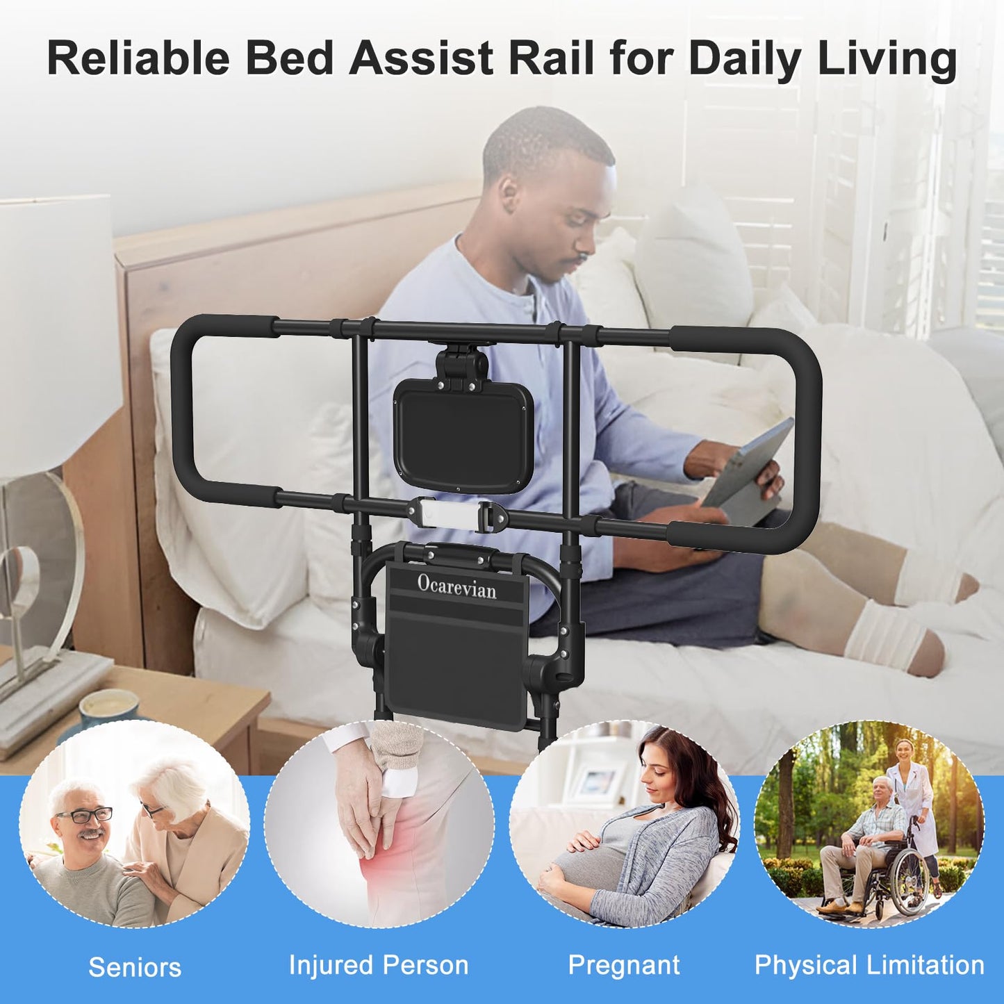 Bed Rails for Elderly Adults Safety, Foldable Bed Rail with Storage Pocket, Light, Secure Strap, Black Bed Guard Rails for Adults, Suitable for Twin Full Queen King, Height & Width Adjustable