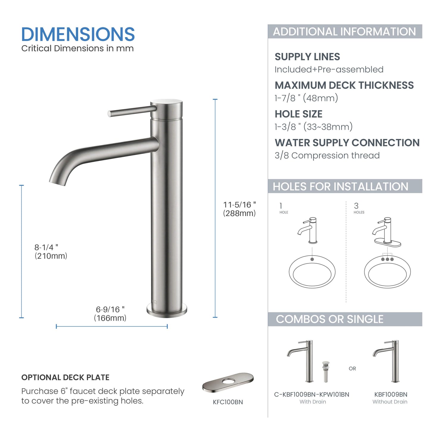 KIBI KBF1009 Solid Brass Single Handle Single Hole Circular Faucet for Bathroom Sink with Pop Up Drain | High Arc Faucet Spout Design | Corrosion and Rust Resistant | Brushed Nickel