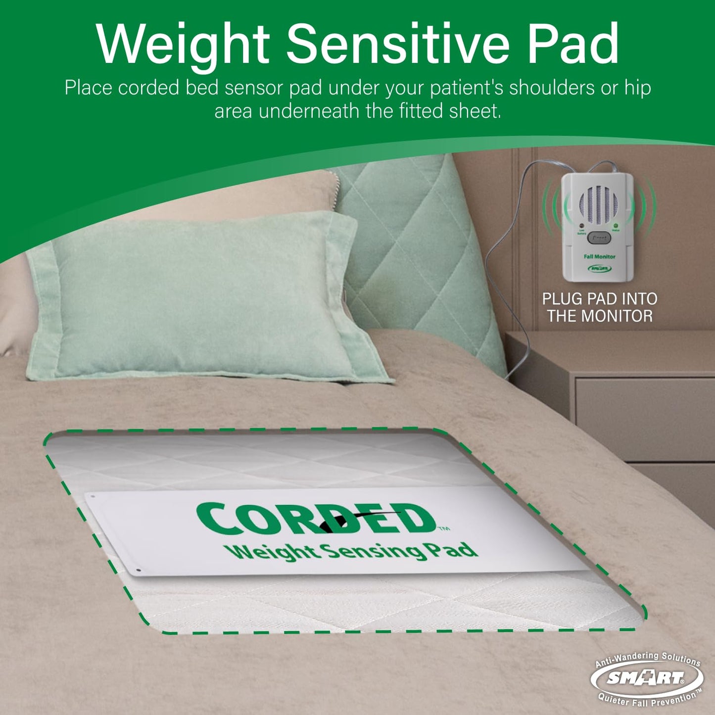Smart Caregiver FallGuard Bed Exit Alert for Seniors Fall Prevention - Bed Alarm with 10"x30" Weight Sensing Bed Pad for Elderly - Automatically Alerts Caregiver When They Get Up