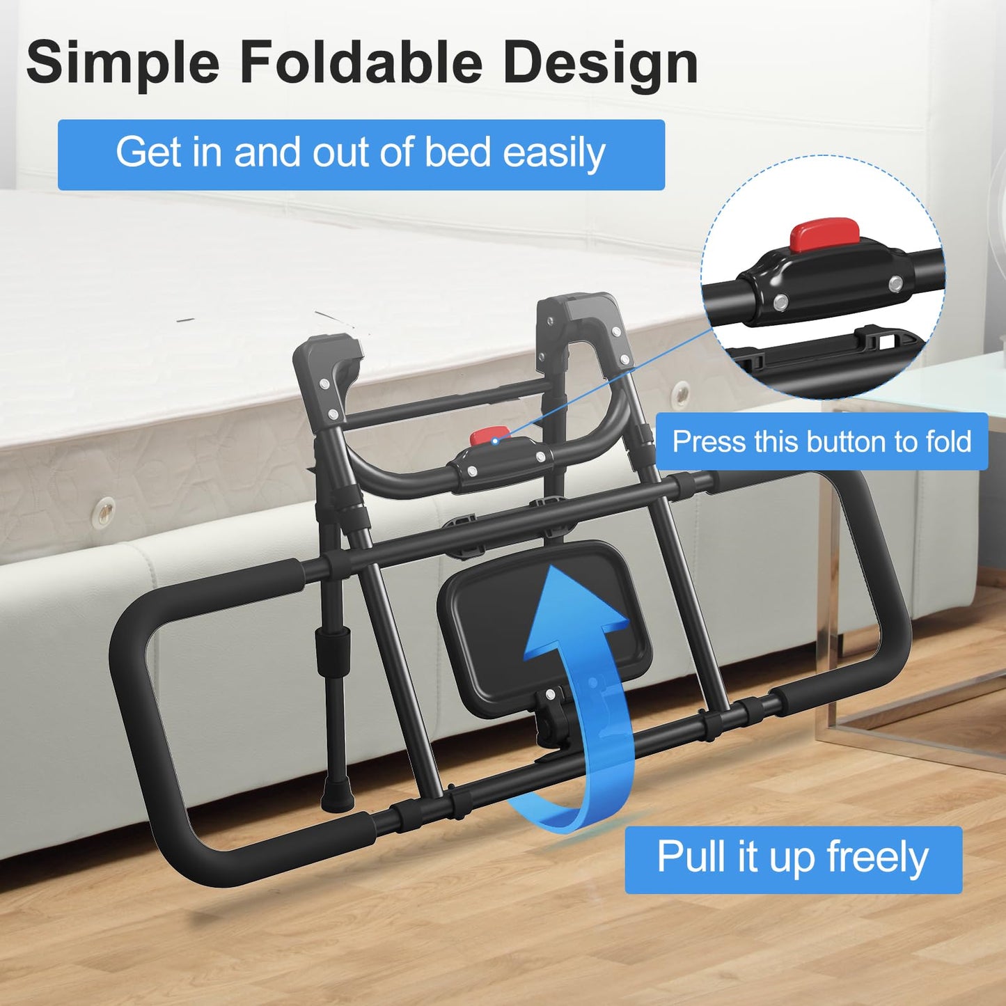 Bed Rails for Elderly Adults Safety, Foldable Bed Rail with Storage Pocket, Light, Secure Strap, Black Bed Guard Rails for Adults, Suitable for Twin Full Queen King, Height & Width Adjustable