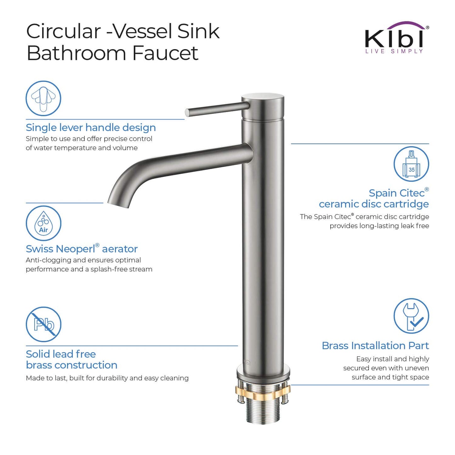 KIBI KBF1009 Solid Brass Single Handle Single Hole Circular Faucet for Bathroom Sink with Pop Up Drain | High Arc Faucet Spout Design | Corrosion and Rust Resistant | Brushed Nickel