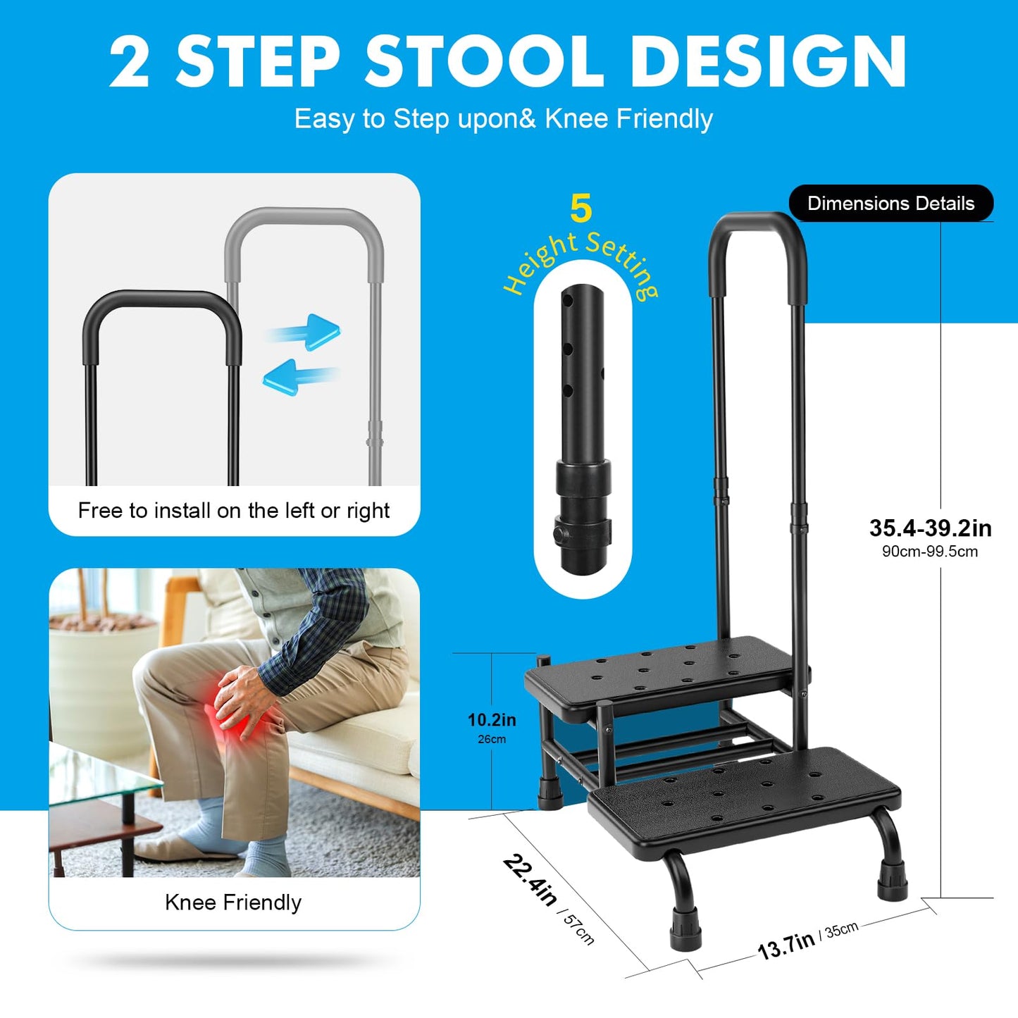FORTEMOTUS Step Stool with Handle - Heavy Duty 2 Step Stool for Adults Elderly, Holds up to 450 lbs, Black